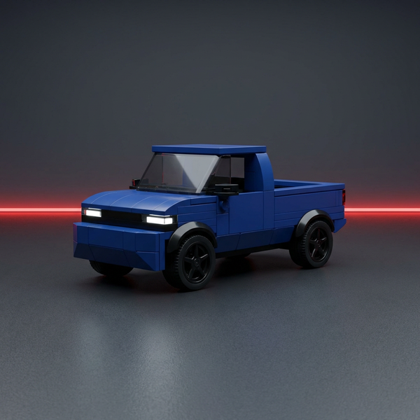 blue pickup brick car model front angle view off road style
