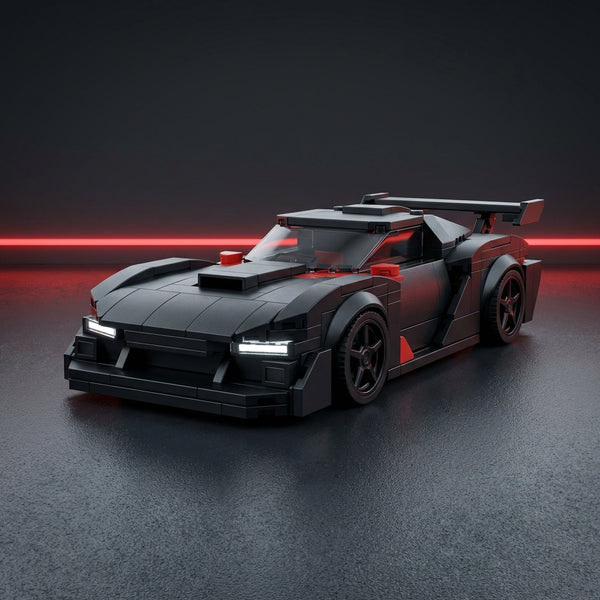 black racing brick car model front view with red accents