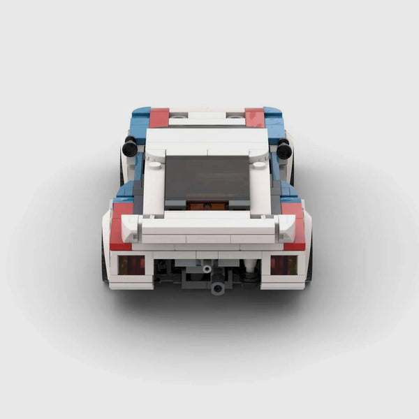 White with blue and red accents BMW M1 brick model rear view