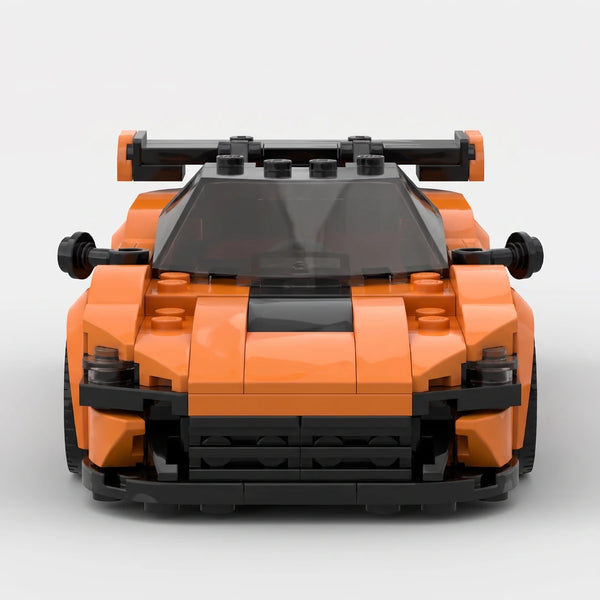 Orange McLaren 720S GT3X Racer brick model straight front view