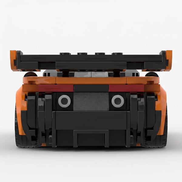Orange McLaren 720S GT3X Racer brick model straight rear view