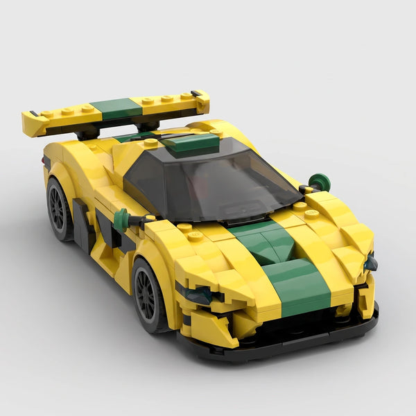 Yellow and green McLaren P1 GTR Yellow Edition brick model high front three quarter view
