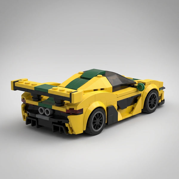 Yellow and green McLaren P1 GTR Yellow Edition brick model rear three quarter view