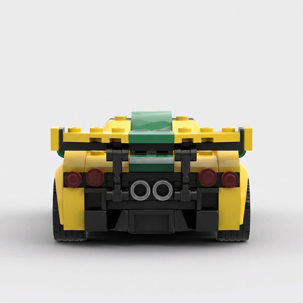 Yellow and green McLaren P1 GTR Yellow Edition brick model straight rear view