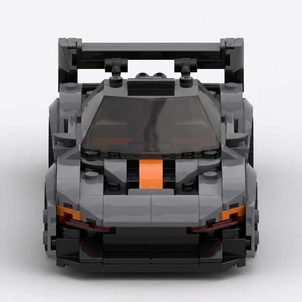 Dark grey and orange McLaren Senna GTR Grey Edition brick model straight front view