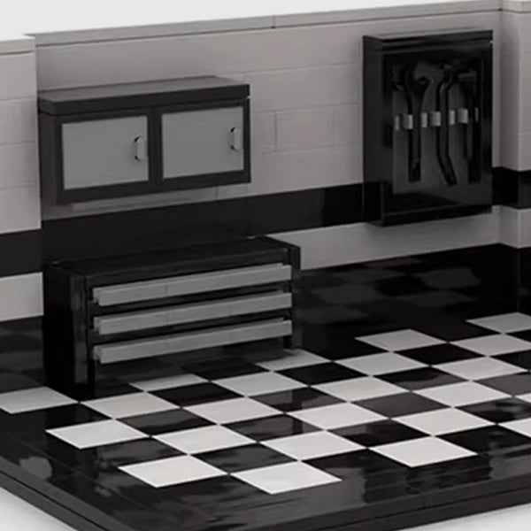 Checkered Garage Display parking display close-up of the tool cabinets