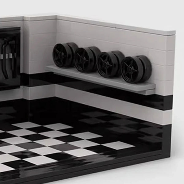 Checkered Garage Display parking display close-up of the tyre rack and checkered floor