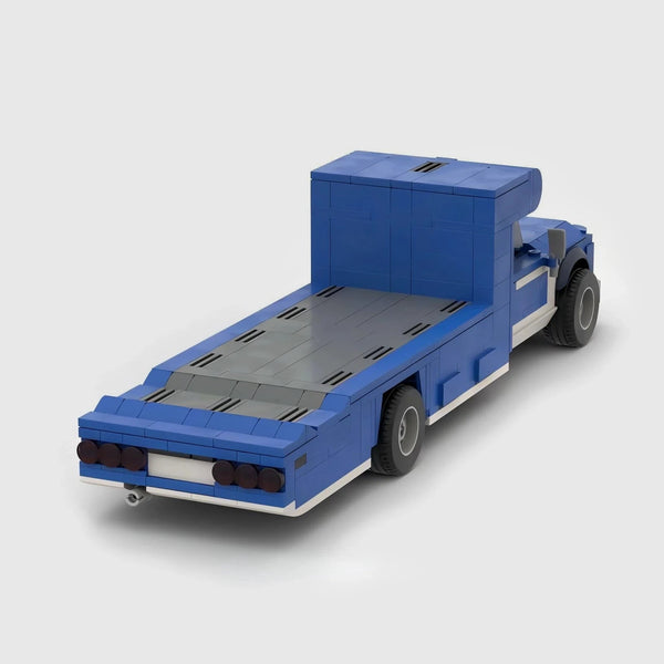 Blue and white brick model rear three quarter view