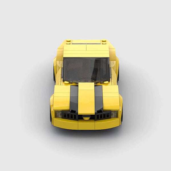Yellow with black racing stripes Chevrolet Camaro brick model front view