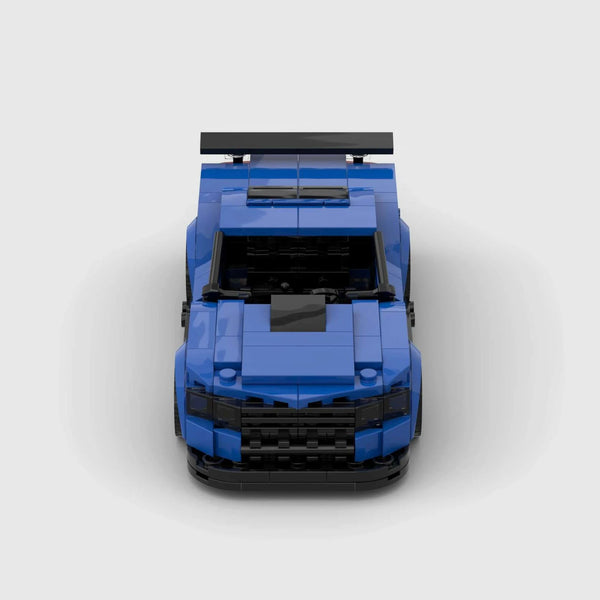 Blue with black accents Chevrolet Camaro ZL1 brick model front view