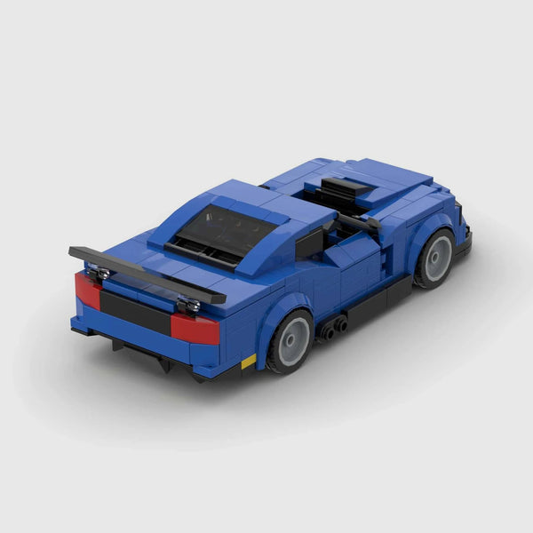 Blue with black accents Chevrolet Camaro ZL1 brick model rear three quarter view