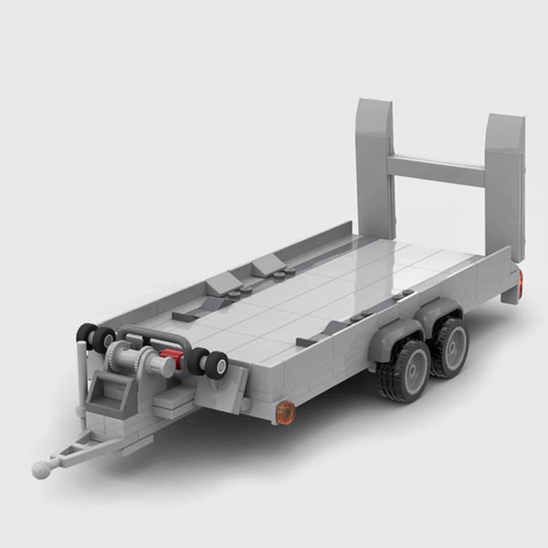 Red Pickup Truck with Flatbed Trailer brick model front 3q view