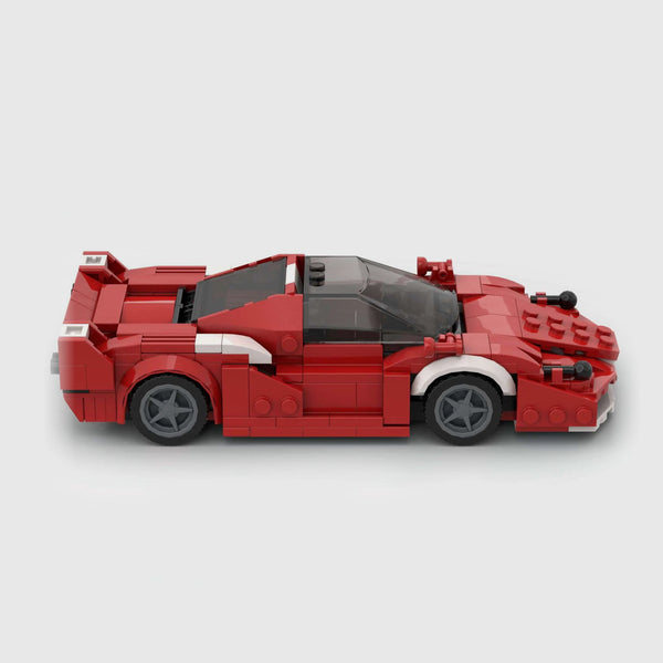 Red with white accents Ferrari Enzo brick model side profile view