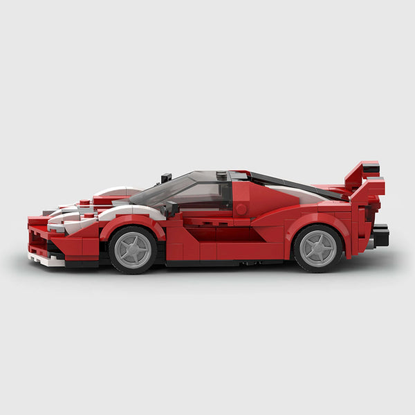 Racing red with white stripes Ferrari FXX K Evo brick model side profile view