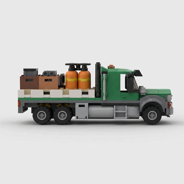 Flatbed Truck with Forklift and Cargo brick model side profile view