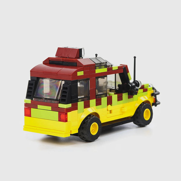 Yellow, green and dark red Ford Explorer brick model rear three quarter view