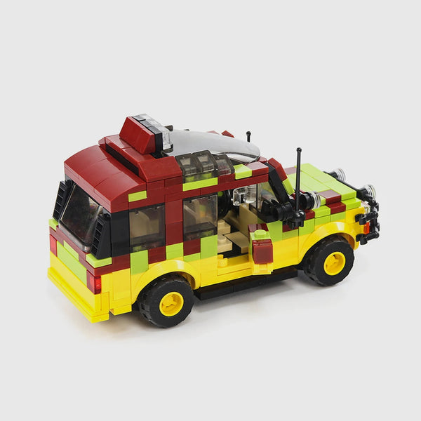 Yellow, green and dark red Ford Explorer brick model close up detail view