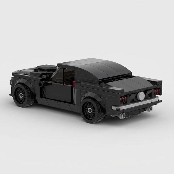 Black Ford Mustang Fastback brick model rear three quarter view
