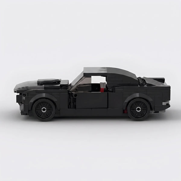 Black Ford Mustang Fastback brick model side profile view