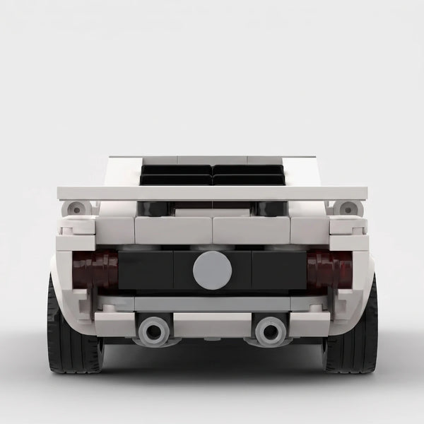 White Ford 1969 Mustang Boss 302 brick model straight rear view