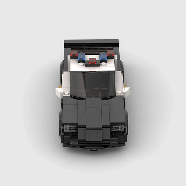 Black and white police livery Ford Mustang brick model front view