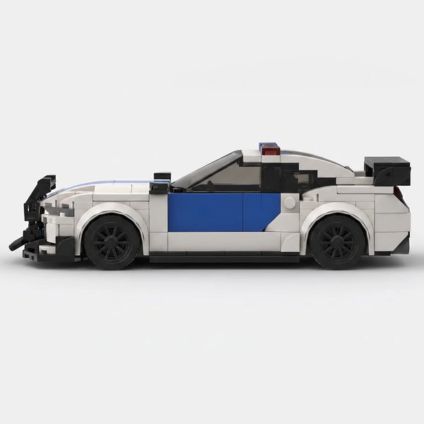 White and blue Ford Mustang Police Edition brick model side profile view