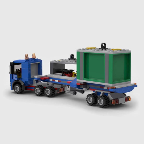 Blue with grey and green containers brick model rear three quarter view