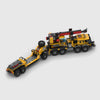 Yellow and black with red accents brick model rear three quarter view