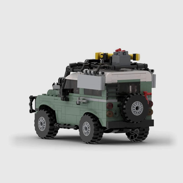 Olive green with white roof Land Rover Defender brick model rear three quarter view
