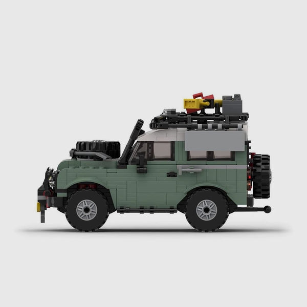 Olive green with white roof Land Rover Defender brick model side profile view