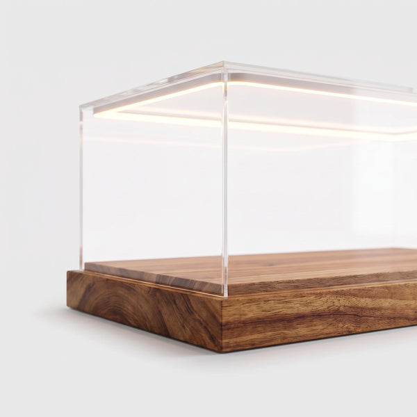 Close up of the acacia wood base and the LED strip of the display case