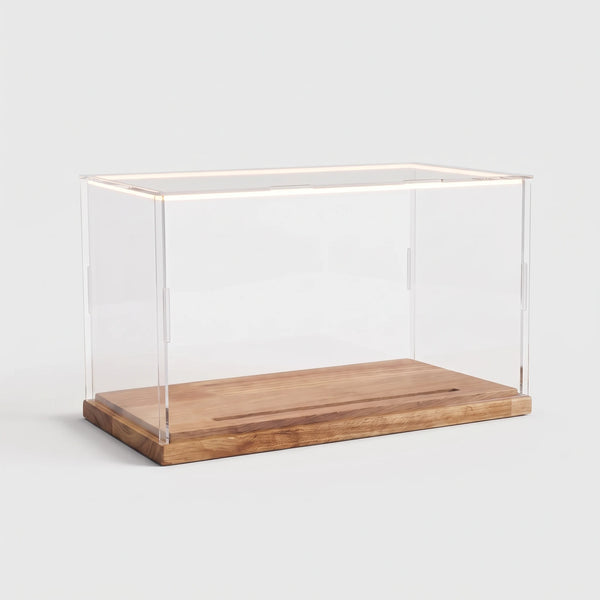 LED display case 24 cm, empty, acrylic cover and acacia wood base