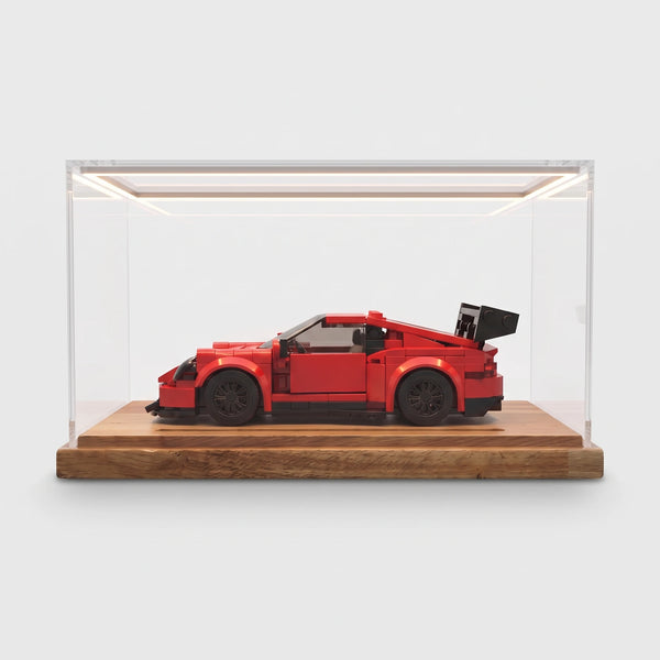 LED display case 24 cm, front view with a brick car model