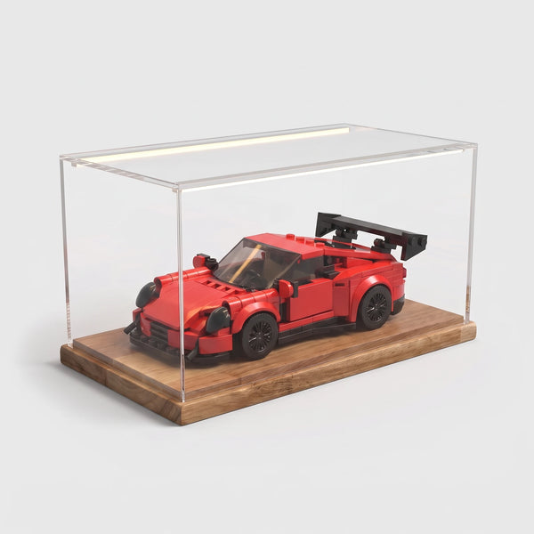 LED display case 24 cm with a brick car model inside, acrylic cover and acacia wood base