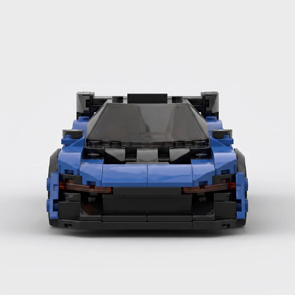 Blue and black McLaren Senna GTR Blue Edition brick model straight front view