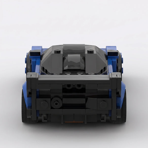Blue and black McLaren Senna GTR Blue Edition brick model straight rear view