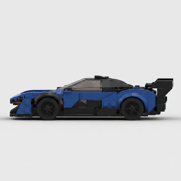 Blue and black McLaren Senna GTR Blue Edition brick model side profile view