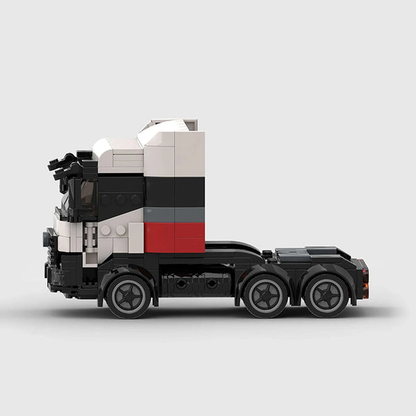 White, black, grey and red brick model side profile view
