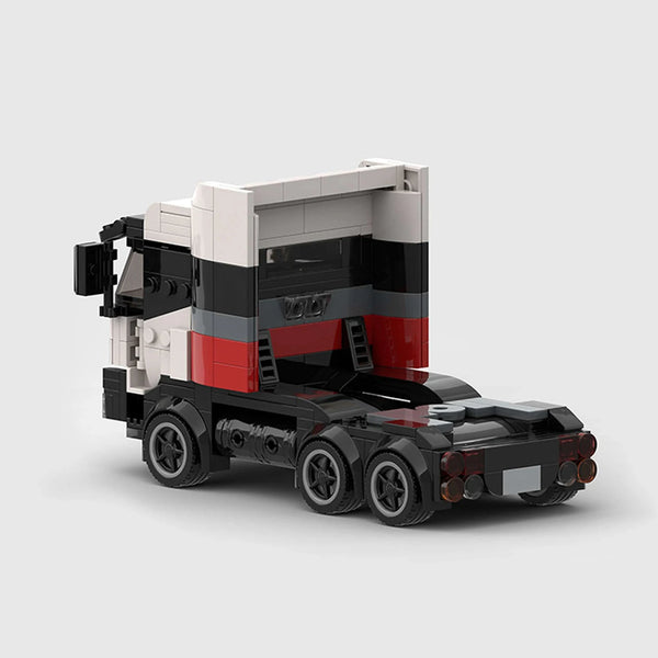 White, black, grey and red brick model rear three quarter view