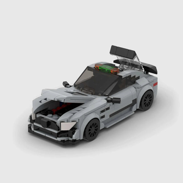 Grey Mercedes-Benz AMG GT brick model close up detail view