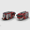 Red and white Mercedes-Benz Fire Engine brick model rear three quarter view