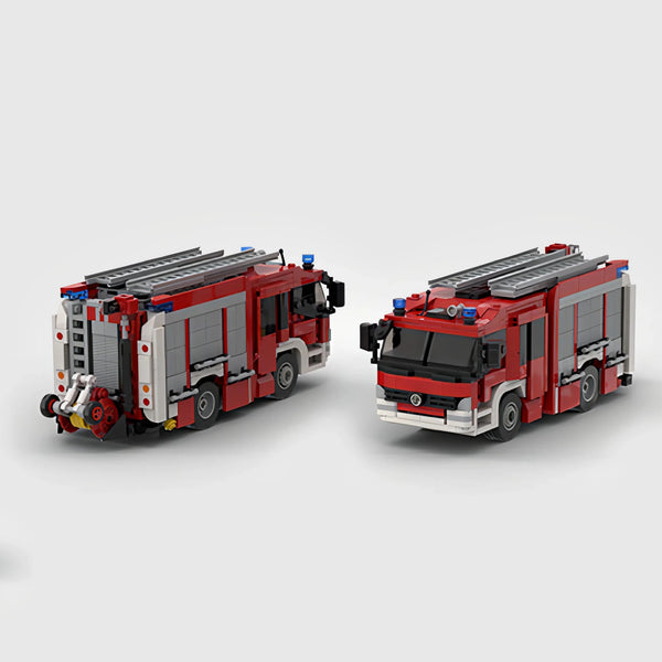 Red and white Mercedes-Benz Fire Engine brick model rear three quarter view