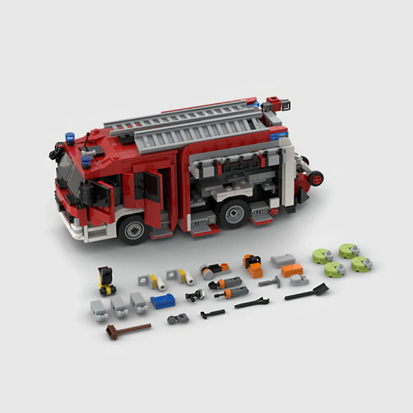 Red and white Mercedes-Benz Fire Engine brick model close up detail view