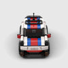White with red and blue stripes Mini Cooper brick model front view