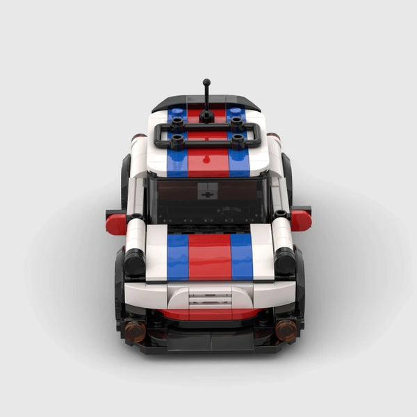 White with red and blue stripes Mini Cooper brick model front view
