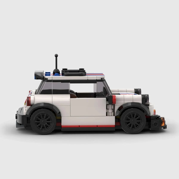 White with red and blue stripes Mini Cooper brick model side profile view