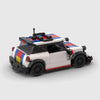 White with red and blue stripes Mini Cooper brick model rear three quarter view