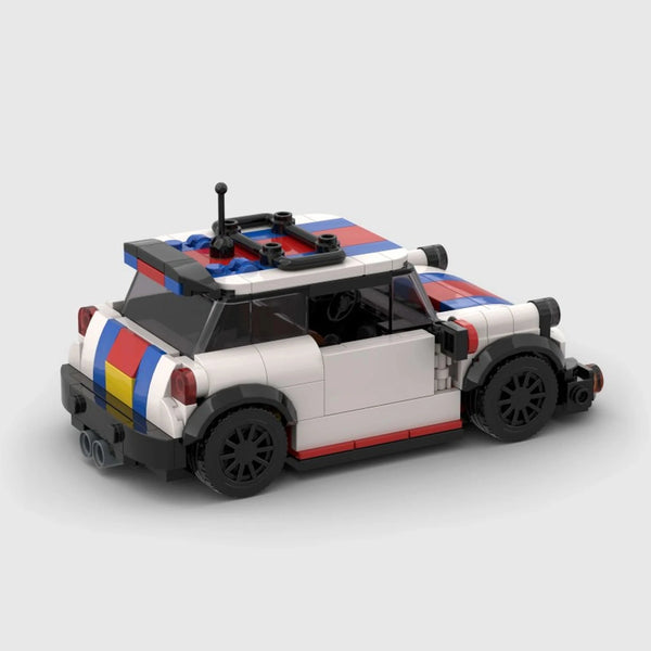 White with red and blue stripes Mini Cooper brick model rear three quarter view
