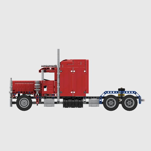 Red with blue chassis brick model side profile view