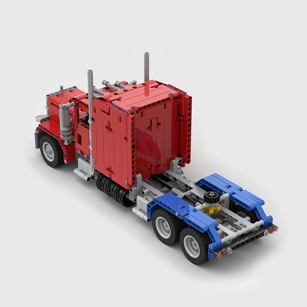 Red with blue chassis brick model rear three quarter view